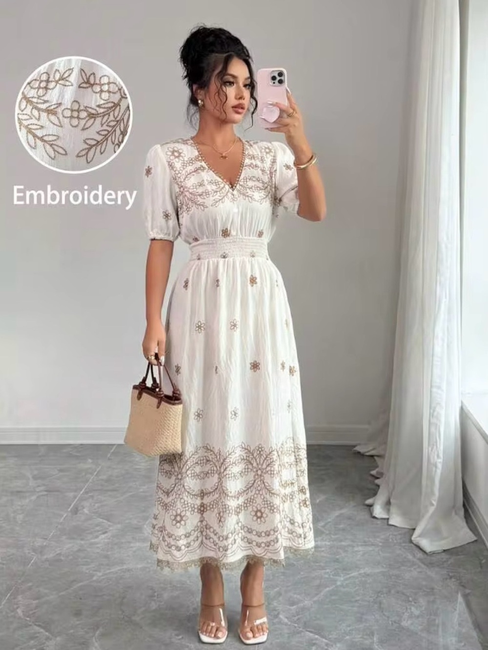 White Embroidered V-Neck Midi Dress
